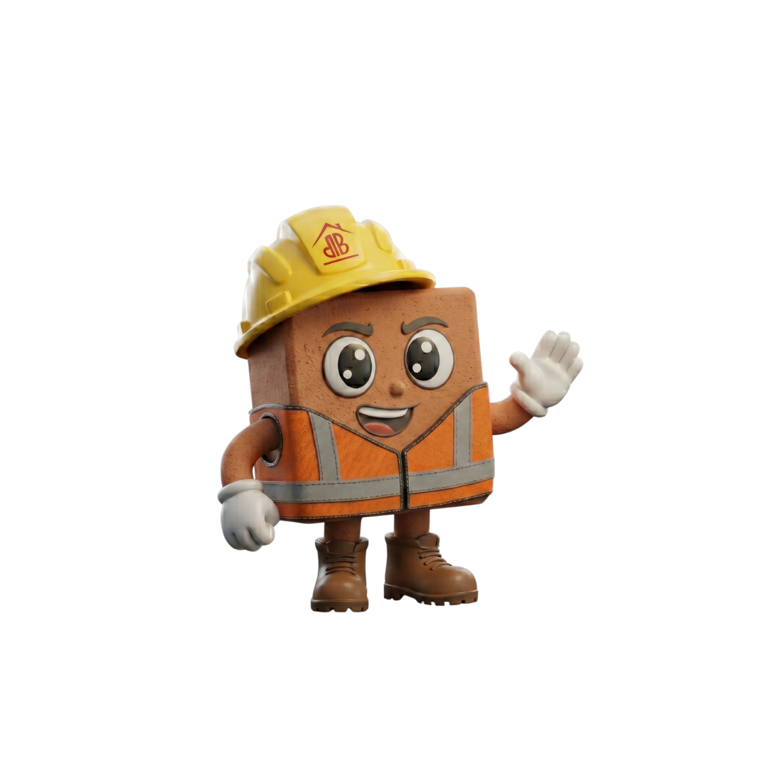 Maskot Udin melambai, memakai helm dan rompi proyek